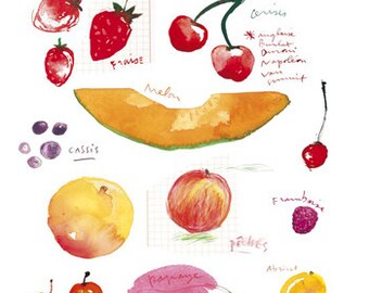 Kitchen art print, Summer fruits illustration, Seasonal food poster, Watercolor 8X10 fruit decor