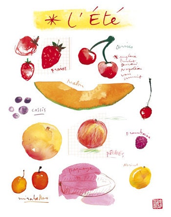 Kitchen art print, Summer fruits illustration, Seasonal food poster, Watercolor 8X10 fruit decor