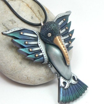 Blue Green Hummingbird Faux Rivets on Steampunk Wings