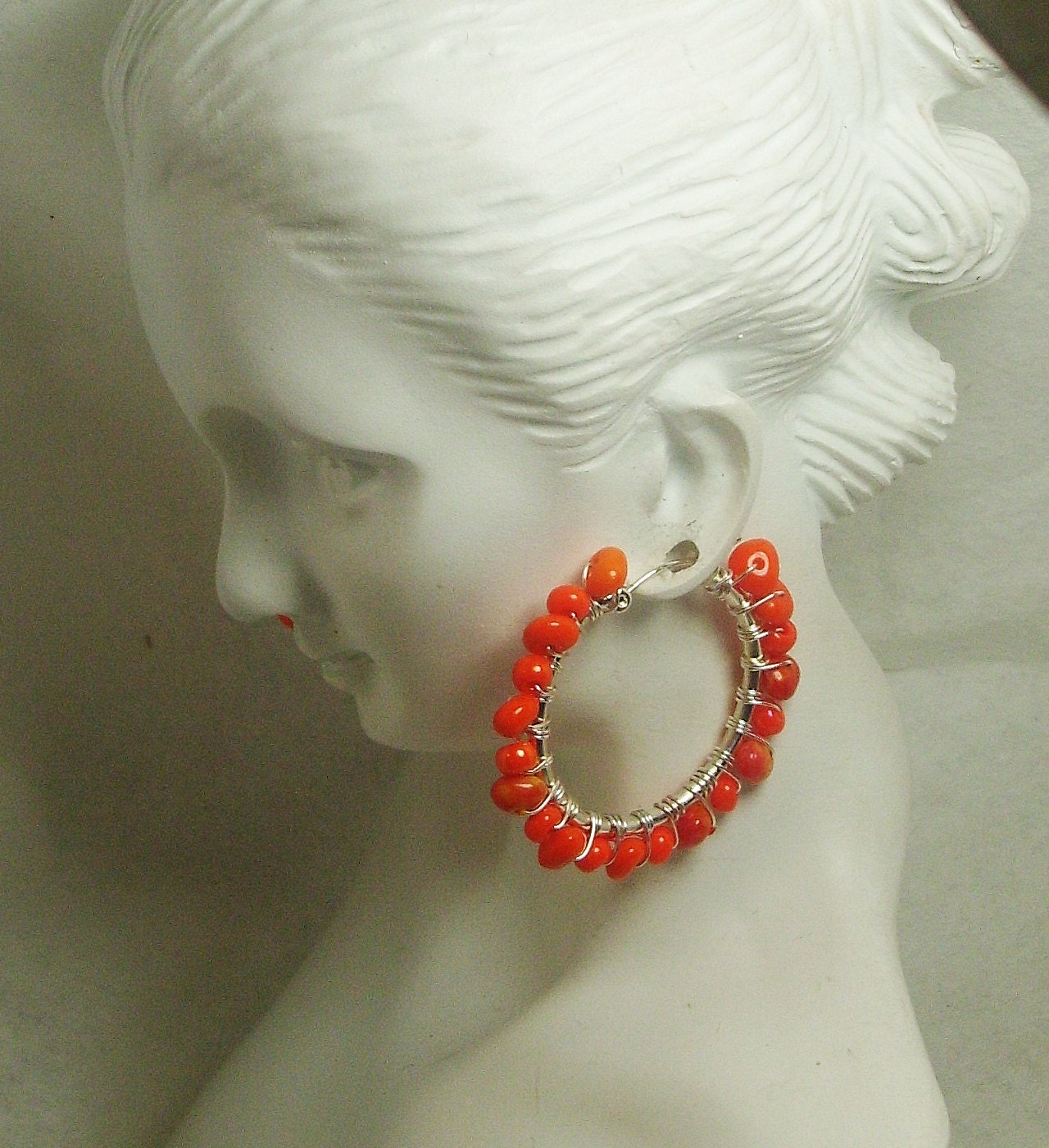 Orange Semi-Precious Stones Wire Wrapped on Silver Hoop Fashion Earrings