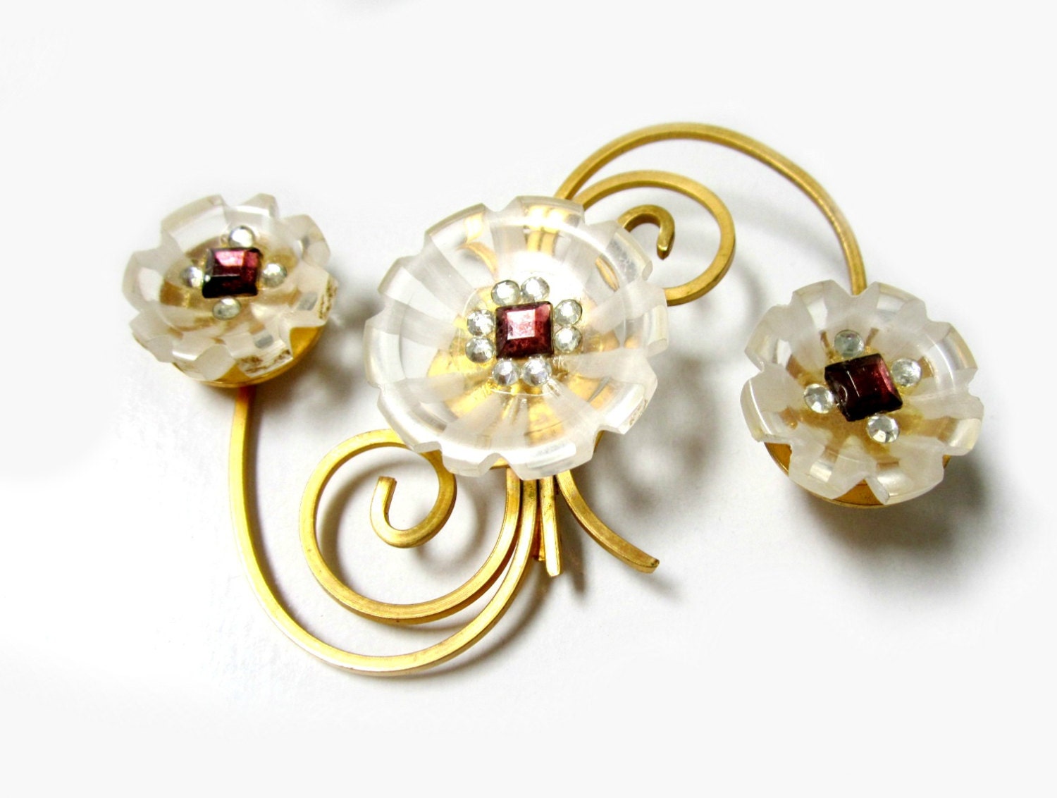 Vintage 3 3/8" Huge Lucite Carved Rhinestone Flowers Brooch Pin