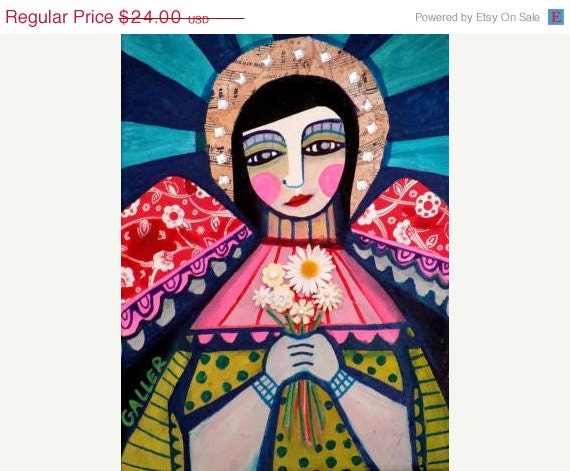 50 OFF SALE - Mexican Folk Art - ANGEL Art Primitive Folk Art poster print of painting - Wedding Gifts