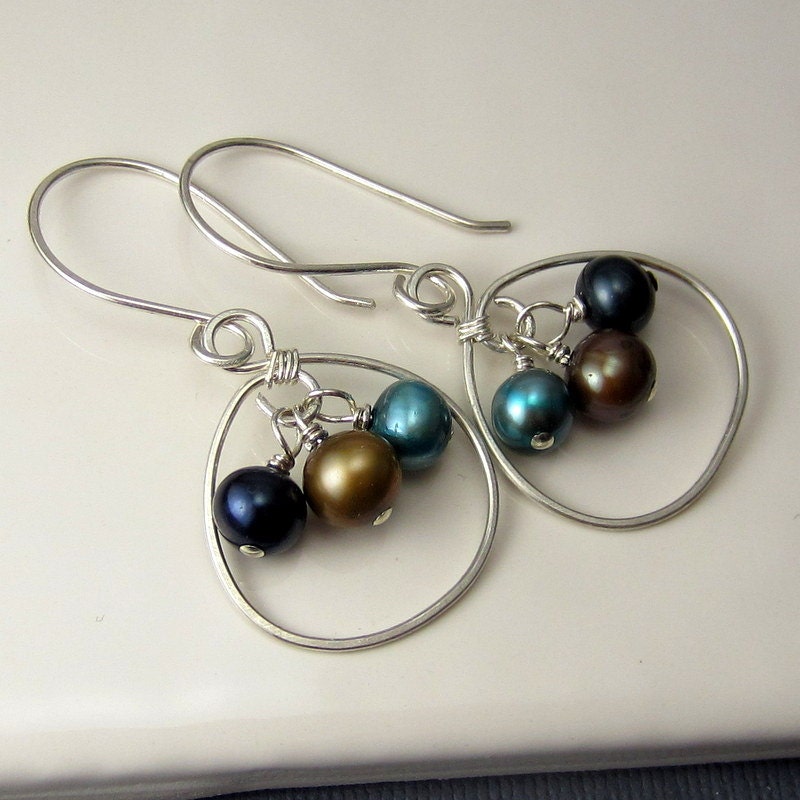 Autumn Freshwater Pearl Cluster Earrings, Sterling Silver Circle Earrings, Teal Green, Blue, Brown Pearl Earrings. Silver Hoops.