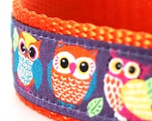 Orange Woodland Owls Dog Collar on Dark Purple Background  / 1 inch width / big dog collar