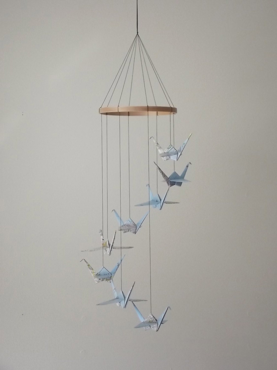 Children Decor Origami Crane Mobile - Baby Mobile - Eco Friendly - Art World Map Atlas Teacher Home Unique Repurposed Blue