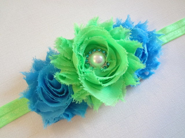 Turquoise and Lime Green Shabby Chic Flower Headband, Baby Hair Accessories, Girl Hair Accessories, Turquoise & Lime Flower Headband