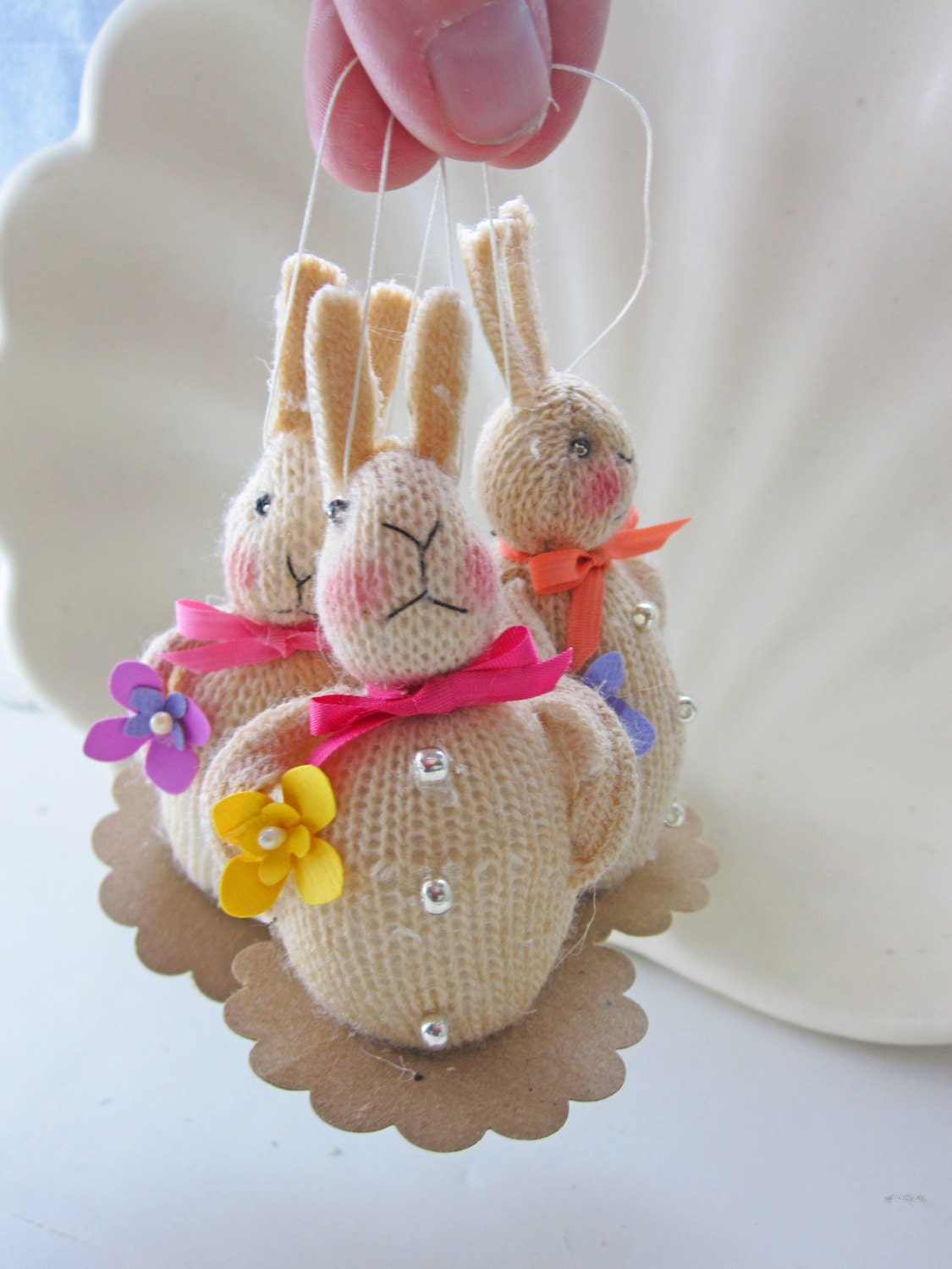Trio of  Vintage Inspired  Bunny Ornaments 2