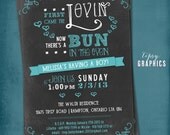 First Came the Lovin. Chalkboard Bun in the Oven Baby Shower Invite by Tipsy Graphics. Any colors