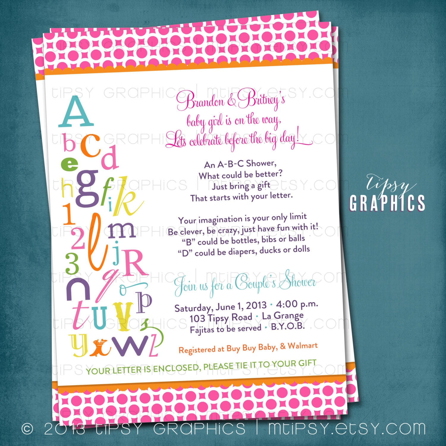 ABC Colorful Alphabet Baby / Bridal Shower Invitation. Bring a letter. Any colors and text by Tipsy Graphics Il_170x135
