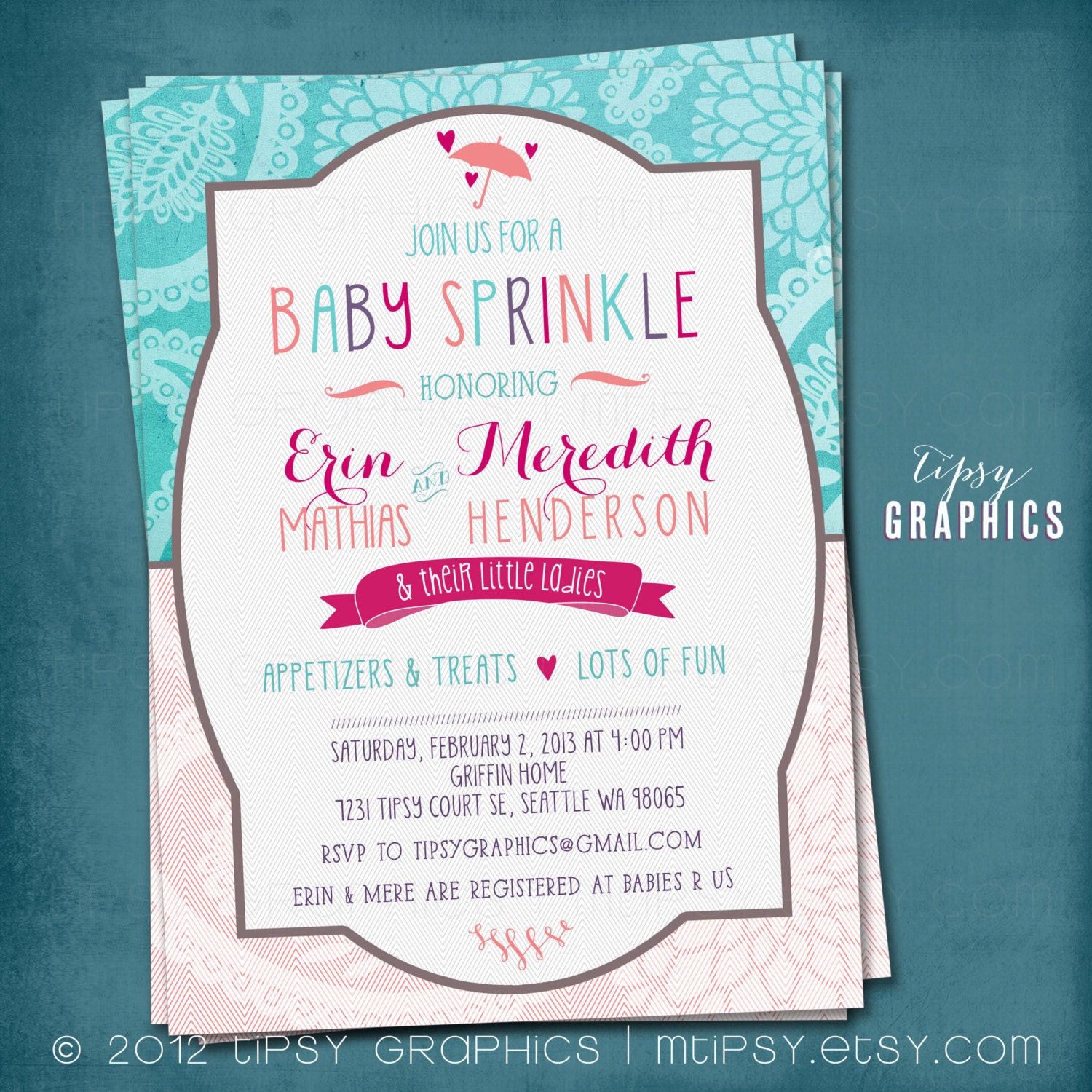 Paisley Mum. Teal Coral Purple Hot Pink. Baby / Bridal Shower Invitation by Tipsy Graphics Il_570xn