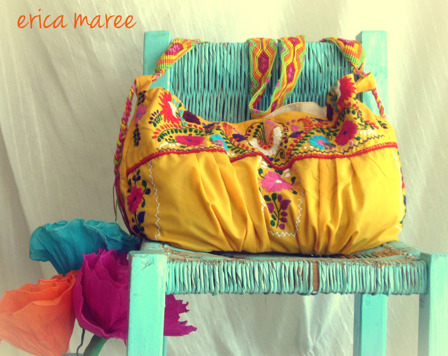 Mexican Embroidered Cross Body Purse with Macrame strap in Yellow