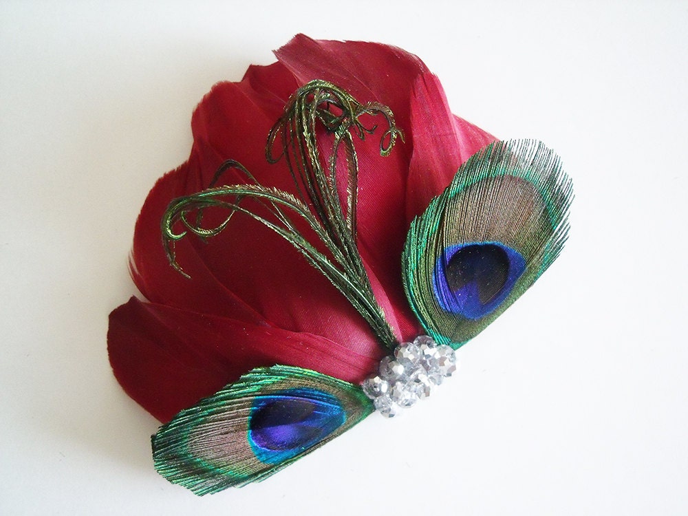 Peocock Fascinator - Peacock Headpiece - Red Peacock Bridal Fascinator - Red Peacock Bridal Headpiece - Peacock Bridesmaid Headpiece