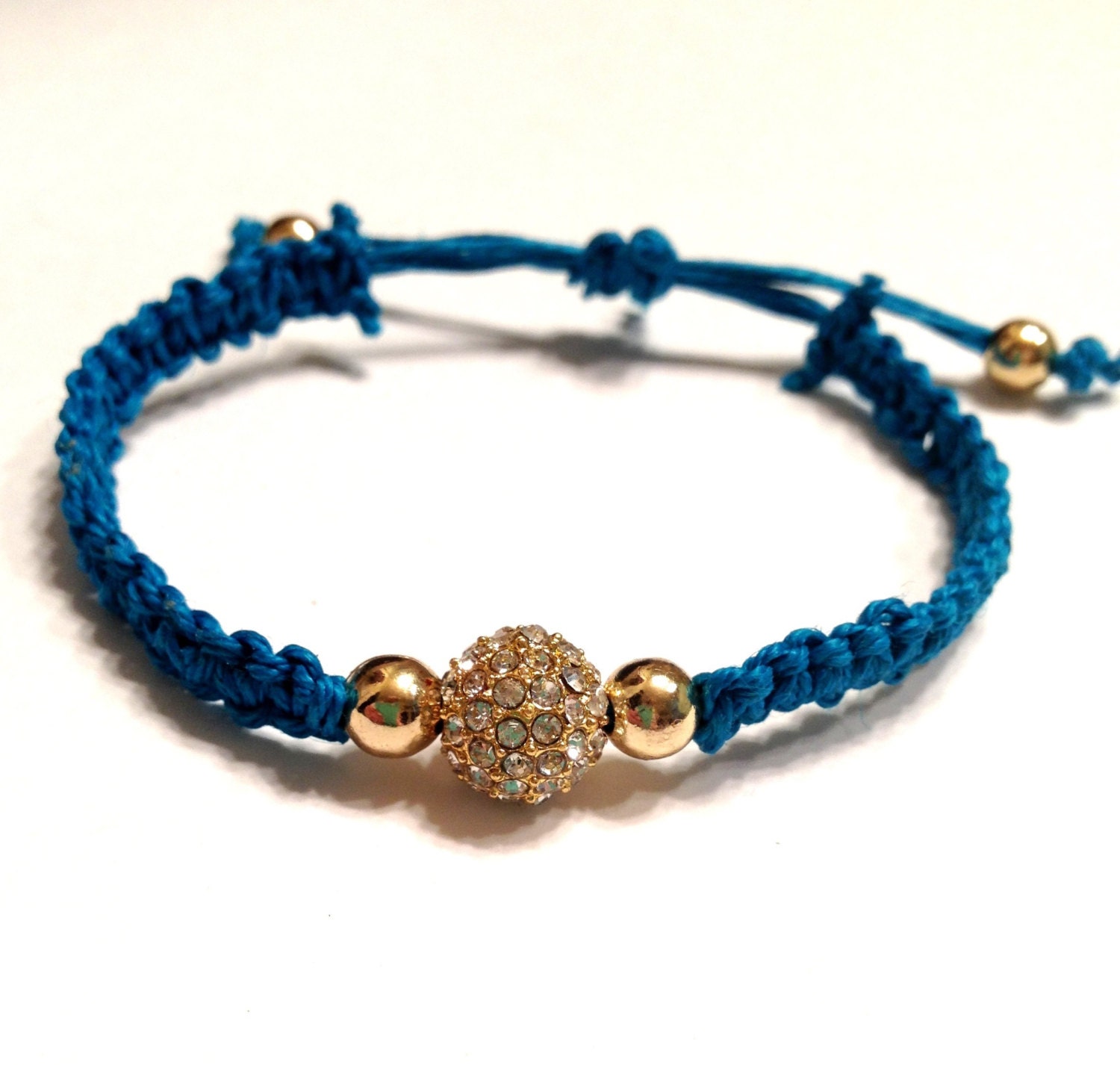 Blue Cyan Bright Macramé Gold Rhinestone Pave Beaded Bracelet Arm Candy Jewelry Stackable Dollar Shipping Party 
