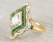 Platinum on Gold Edwardian Diamond & Emerald Engagement Ring