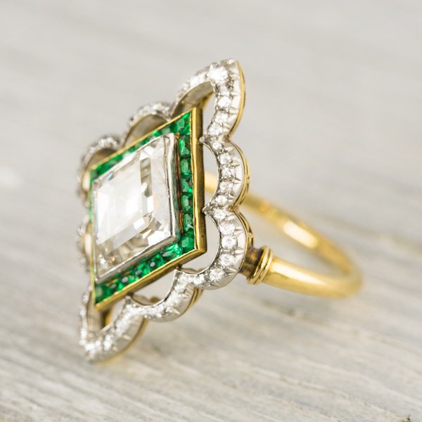 Platinum on Gold Edwardian Diamond & Emerald Engagement Ring