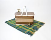 Vintage Wood & Woven Brown Striped Picnic Basket