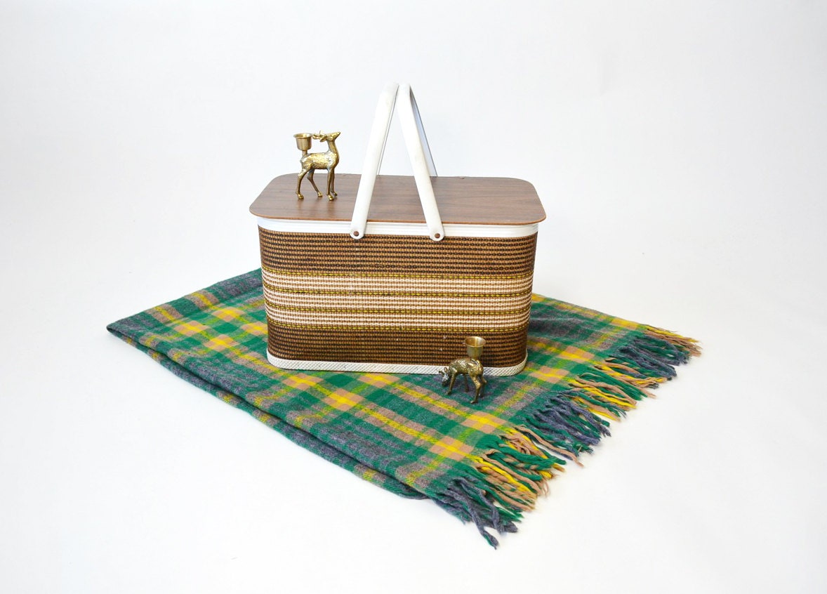 Vintage Wood & Woven Brown Striped Picnic Basket