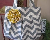 Gray Chevron Pleated Hobo Purse Handbag- with polka dot interior and fabric flower