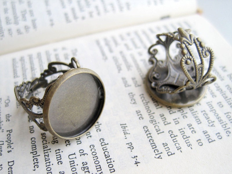 JZ038- 10PCS Brass Antique Bronzed Adjustable Filigree Ring Base with 18mm Round Bezel Cup Cabochon Mountings