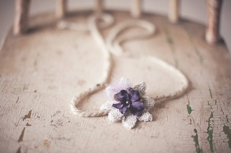Purple flower taupe lace tie back headband