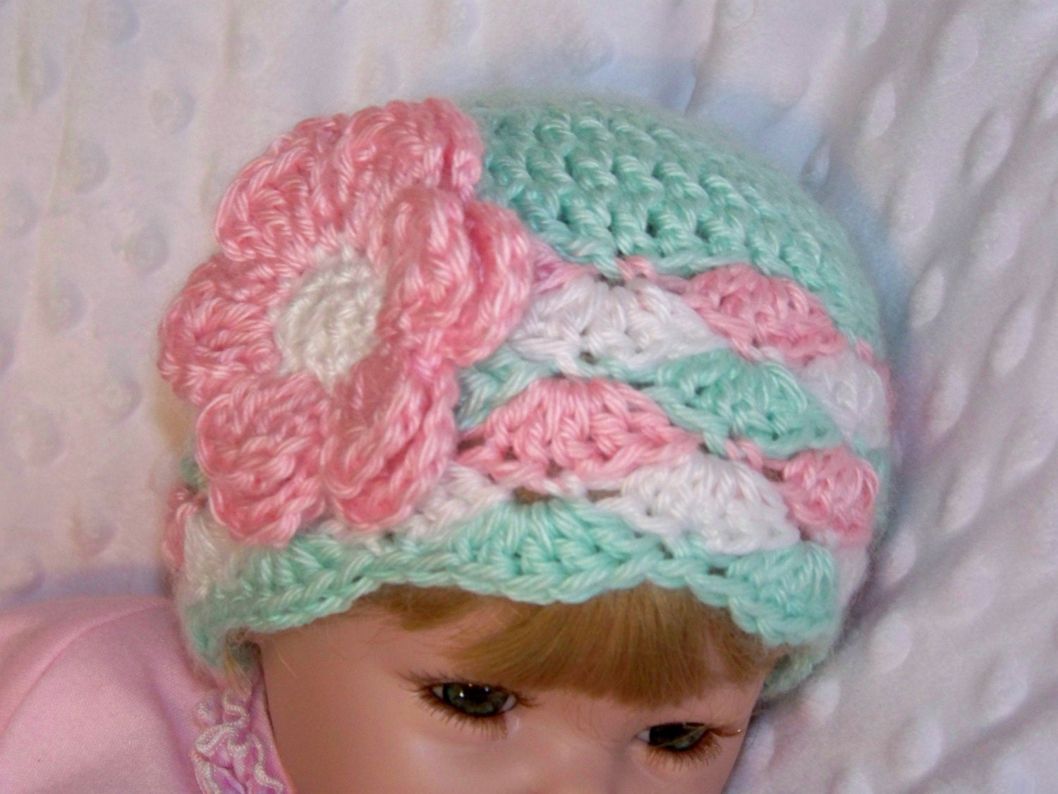 Baby Crochet Hat, Newborn Crochet Hat, Baby Girl Hat, Children, Mint Green, Pink, White,Gift, Photo Prop