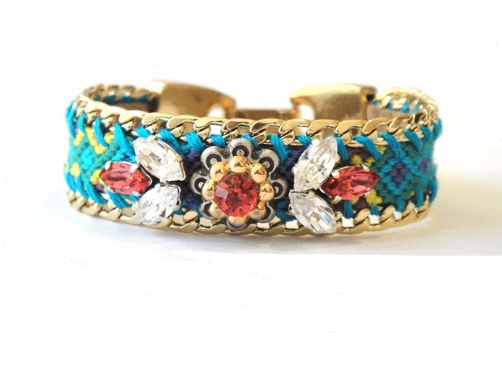 Small friendship bracelet cuff with embroidered Swarovski chrystals and gold plated curb chain - boho chic hippie jewelry