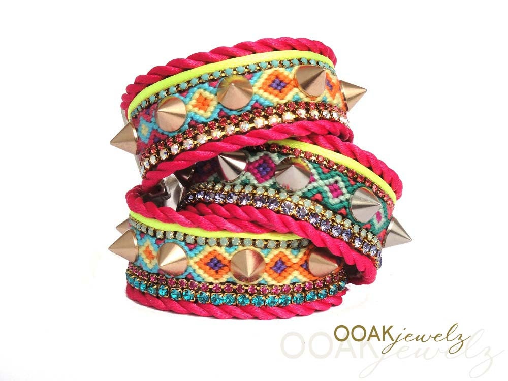 Neon cuff bracelet - neon jewelry - spike bracelet - friendship bracelet with Swarovski rhinestones - OOAKjewelz original SS2013 - boho chic
