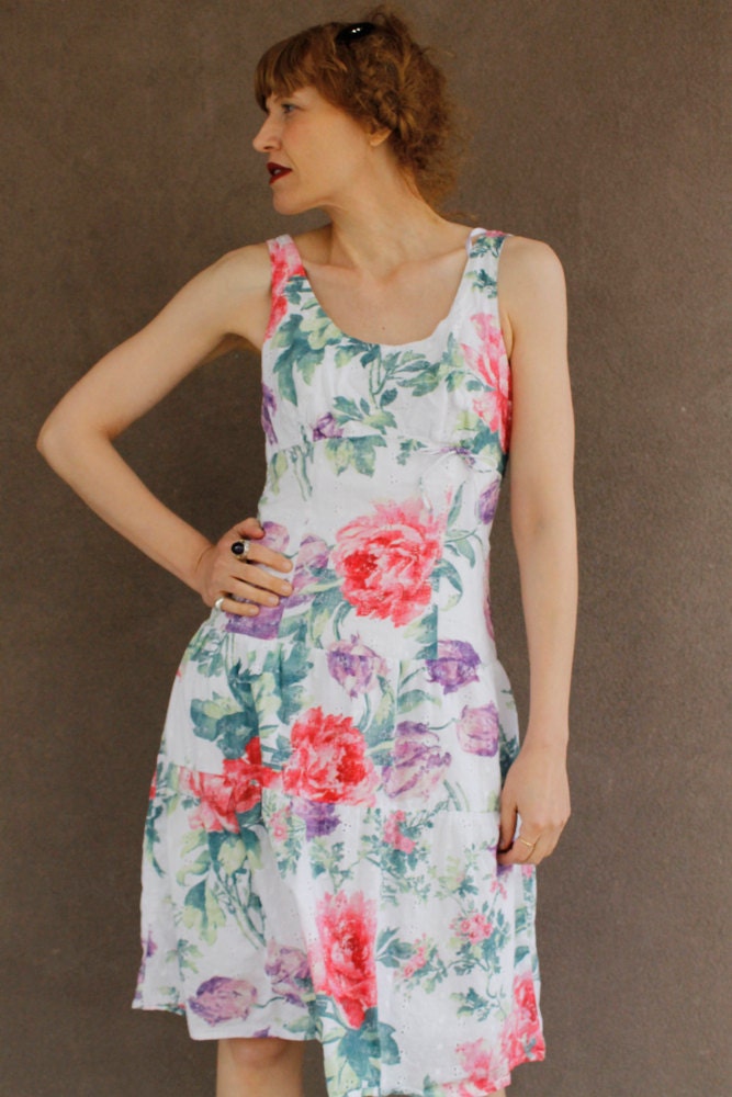 Vintage 80's Floral Eyelet Sun Dress Drop Waist