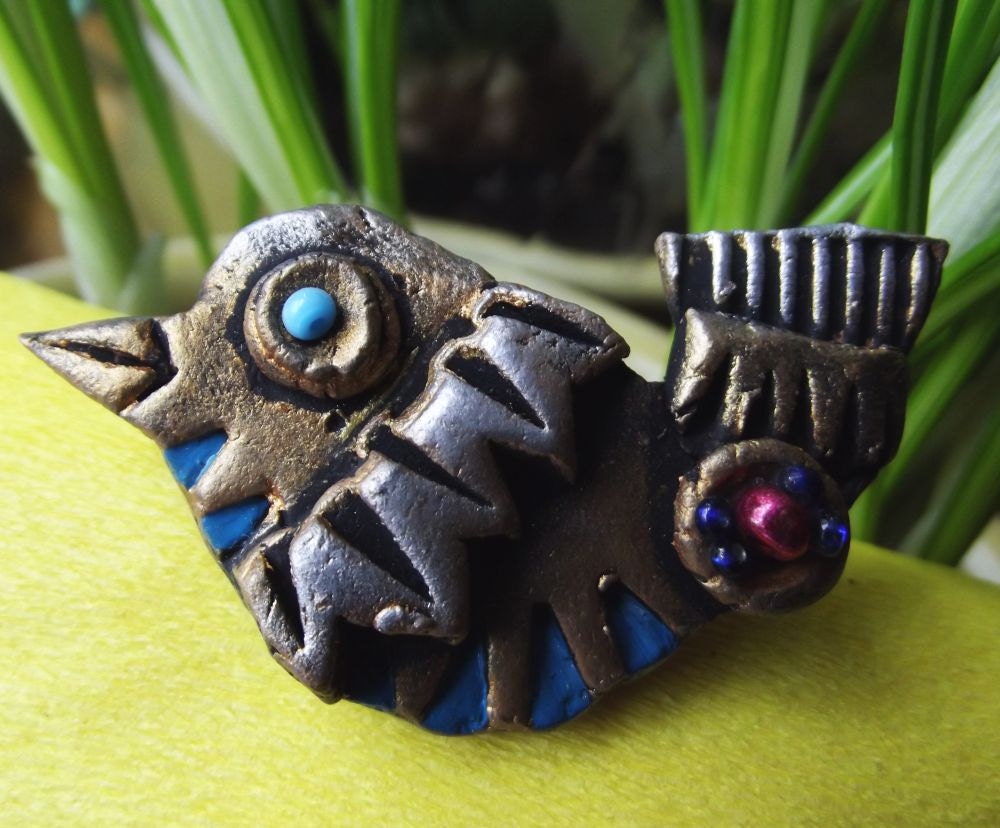 Bird - jewelry - Polymer Clay Art Brooch - Original Wearable Art - OOAK - autumn fashion