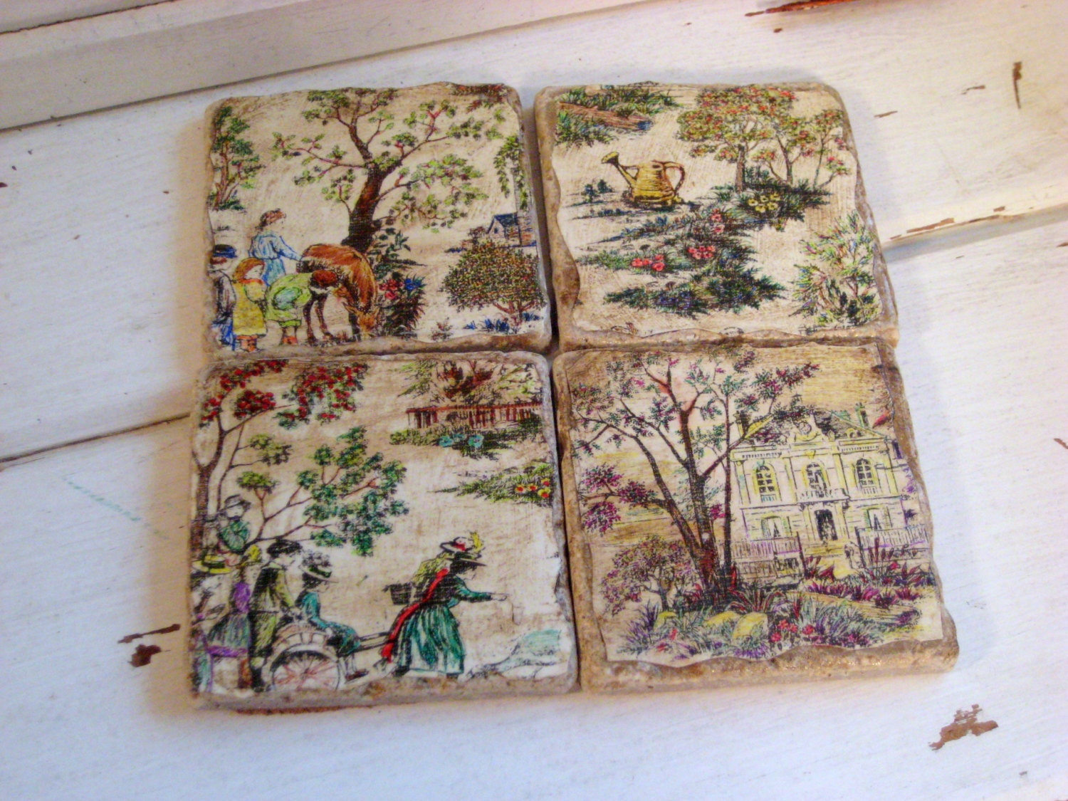 Decoupaged Tile Coasters, hand made and hand colored with classic toile paper and aged, set of four