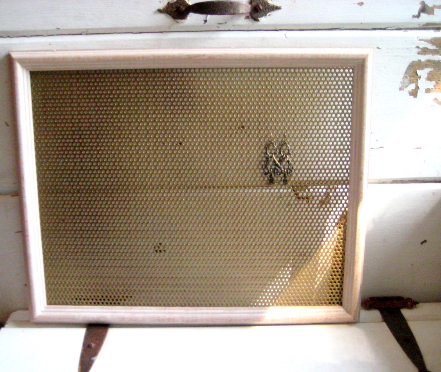 Earring Holder and Jewelry display or magnet board organizer in a pale wood frame for a country style