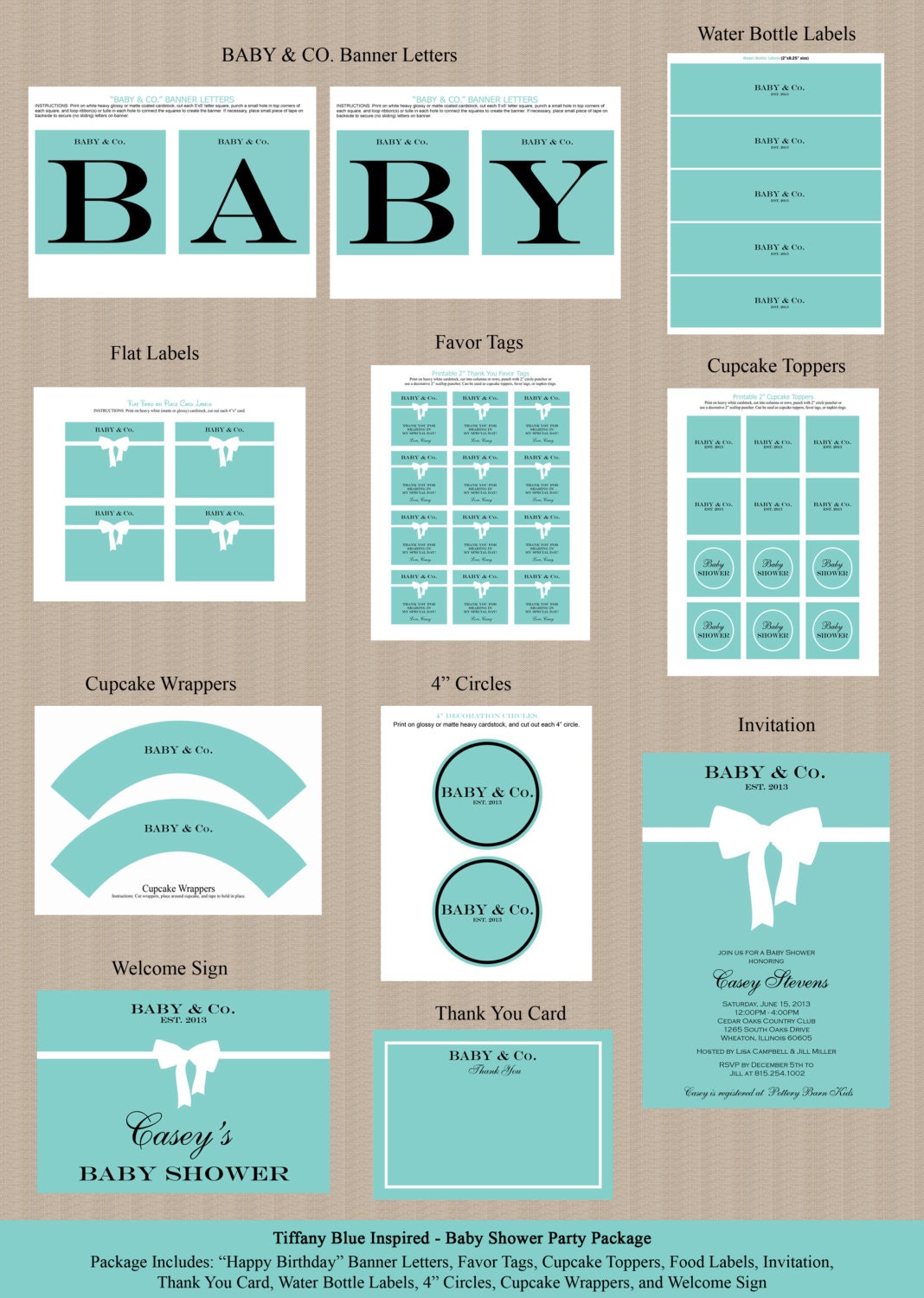 Tiffany Blue Baby Shower Party Package - Invitation, Cupcake Toppers, Favor Tags and more