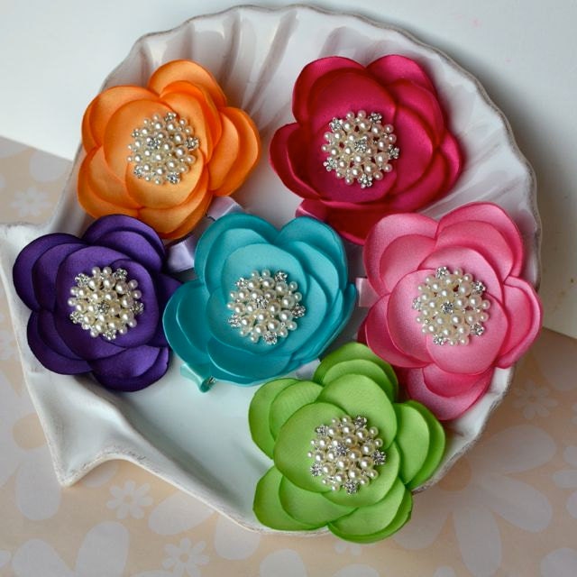 Bright Satin Flower Hair Clip with Rhinestones and Pearls- Beautiful for Weddings- Pink, Purple, Aqua, Tangerine, Lime