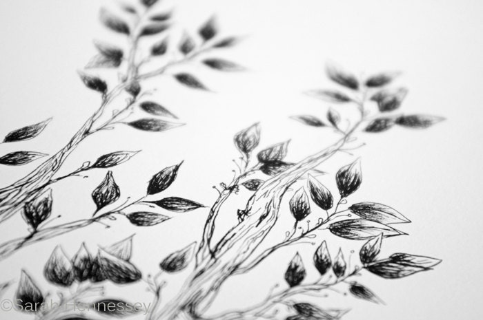 Tree Illustration - Original Ink Pen Drawing of Black and White Tree with Branches and Leaves - Archival Ink 8x10 Drawing