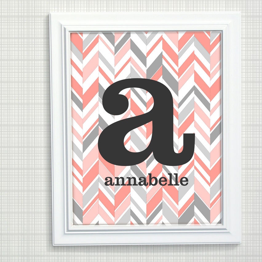 Personalized Girls Nursery Art - Chevron Art, Pink and Gray Girls Monogram Art, New Baby Gift,  8x10 print