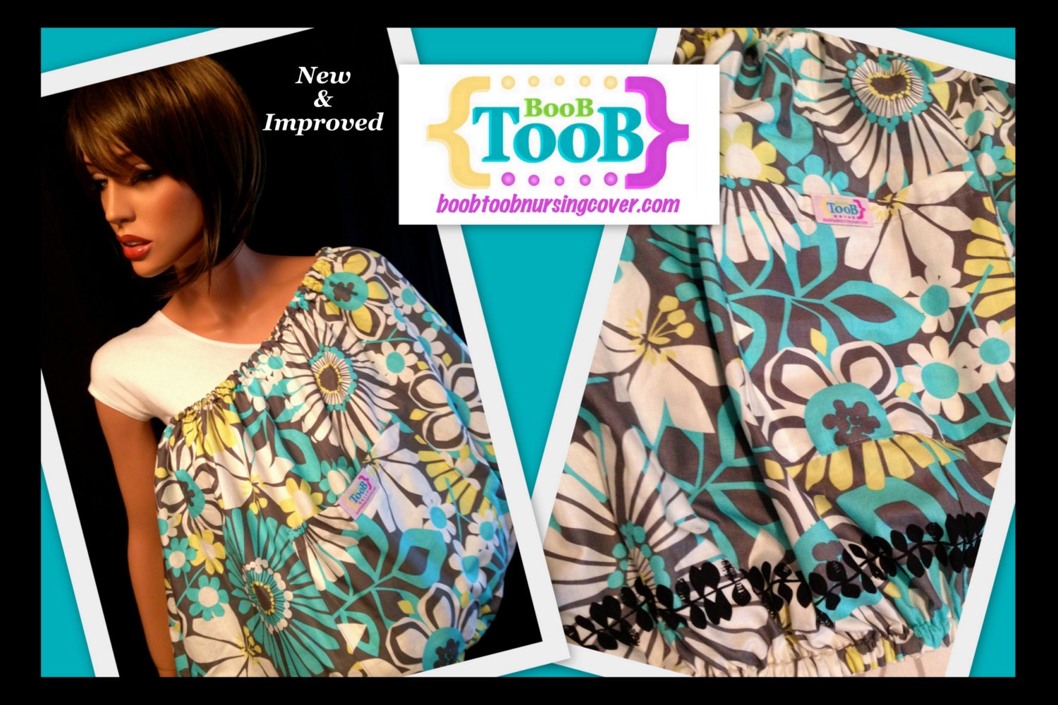 NEW and IMPROVED: Grey, Turquoise, and soft Lime Flower BooB TooB Nursing Cover with POCKET