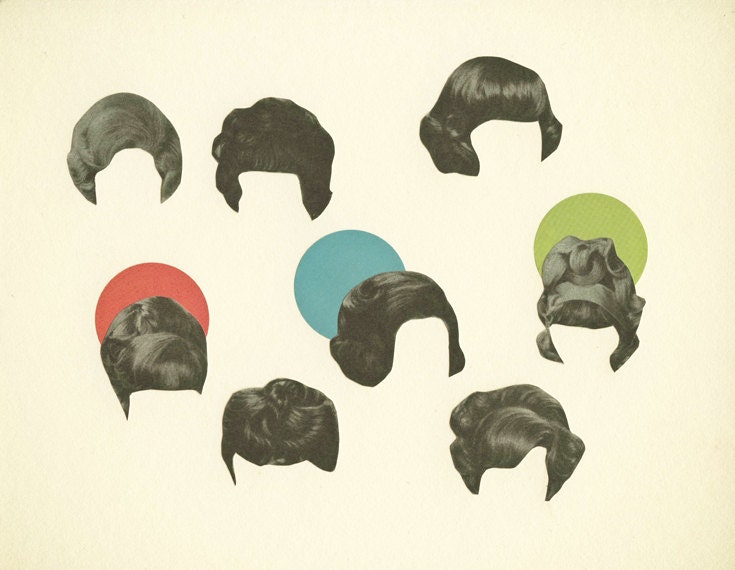 Hair Today, Gone Tomorrow - Hair art, surreal collage, retro humor, mid century style,   8x10 Giclee print