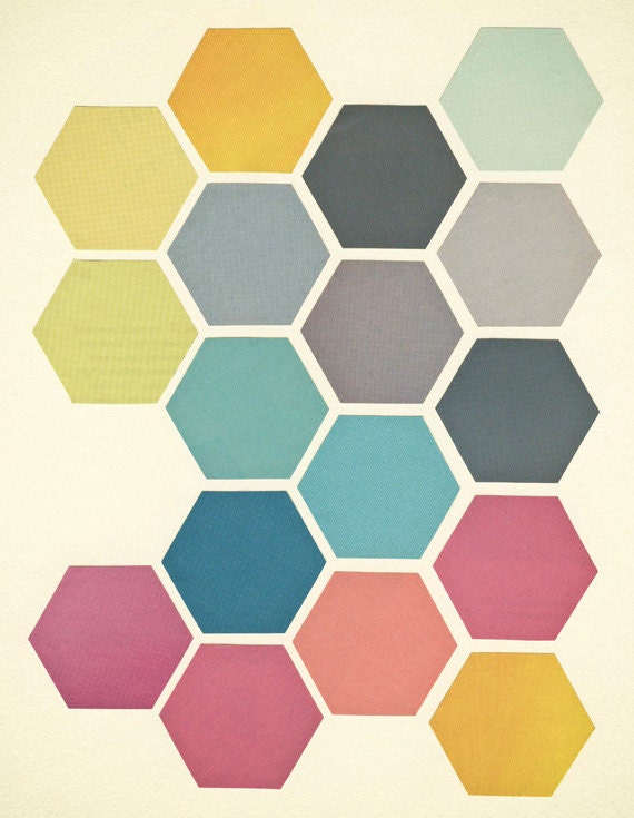 Honeycomb II - Geometric collage, abstract art, mid century modern, hexagon, minimalist, simple shapes, muted colors 8x10" Giclee Print