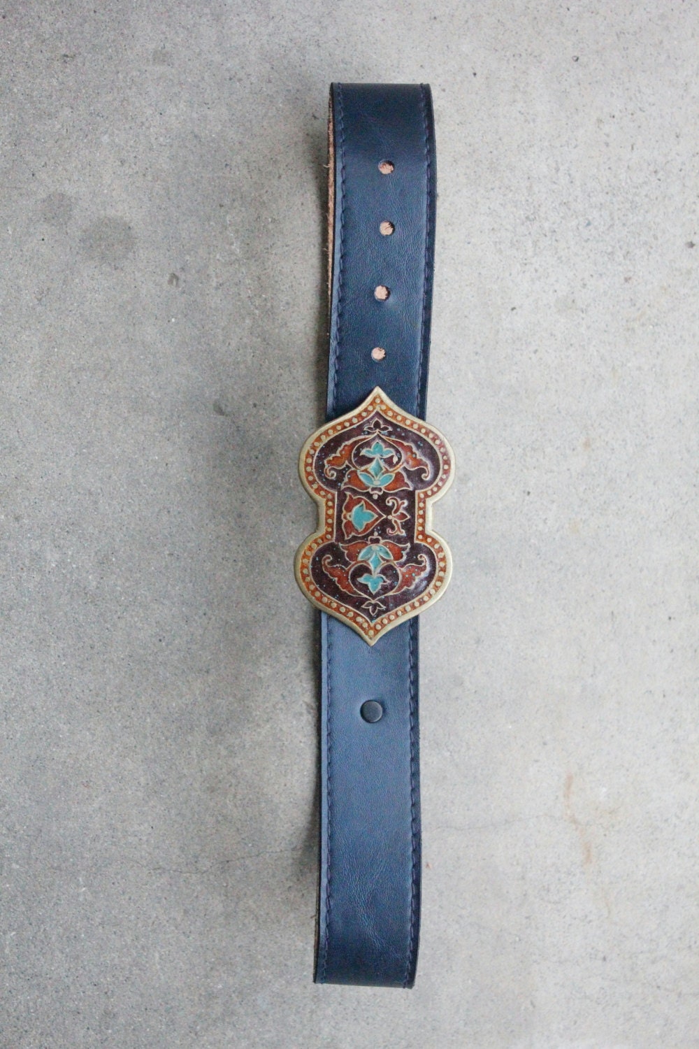 Vintage 70's Brass and Enamel Belt Buckle and Belt