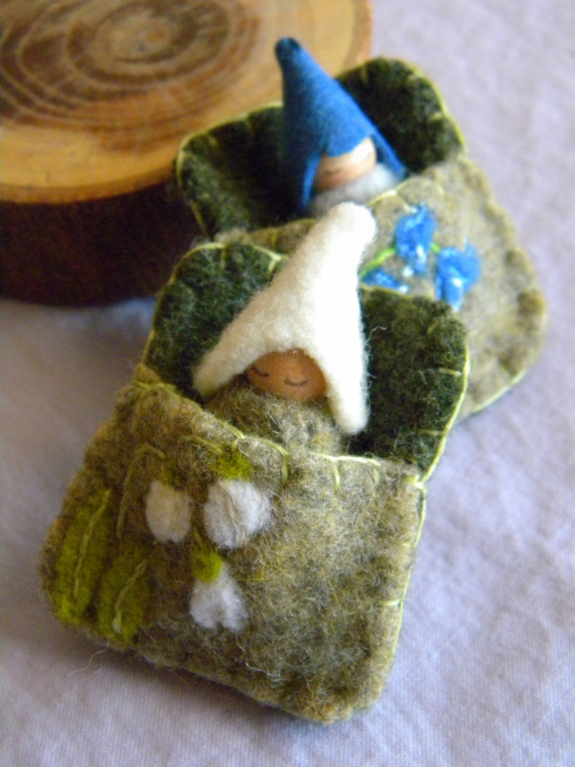 Sleeping Gnome Baby in Snowdrops Pouch, Spring Toy, Waldorf Gnome Baby, Snowdrop Flower, forest green, spring green, sage, white