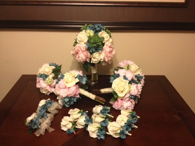 Real Touch Wedding Flower Package with Ivory Real Touch Roses, Pink Peonies, Teal Hydrangeas, and Succulents