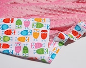 Minky Baby Blanket - Urban Zoologie White Owls with  Paris Pink Minky for your Baby Girl - Ready to Ship