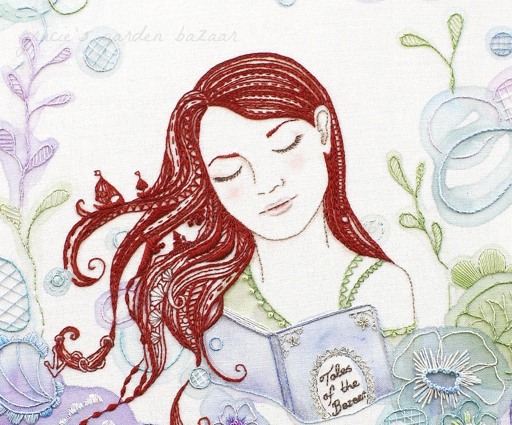 Sleeping Beauty II - Giclee Print- Embroidery art-blues-greens-purples-fairytale-dreams-redhead