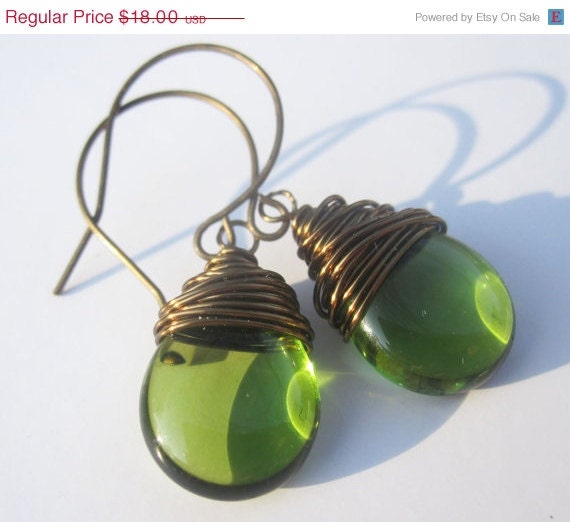 SALE Green Earrings Wire Wrapped Earrings Green Jewelry Tear Drop Earrings