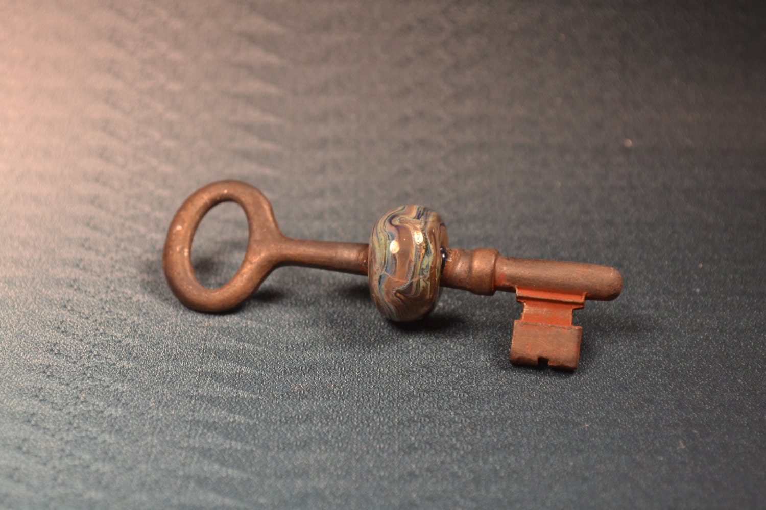 Vintage Skeleton Key and Lampwork Glass Bead Pendant keychain SRA  FREE SHIPPING