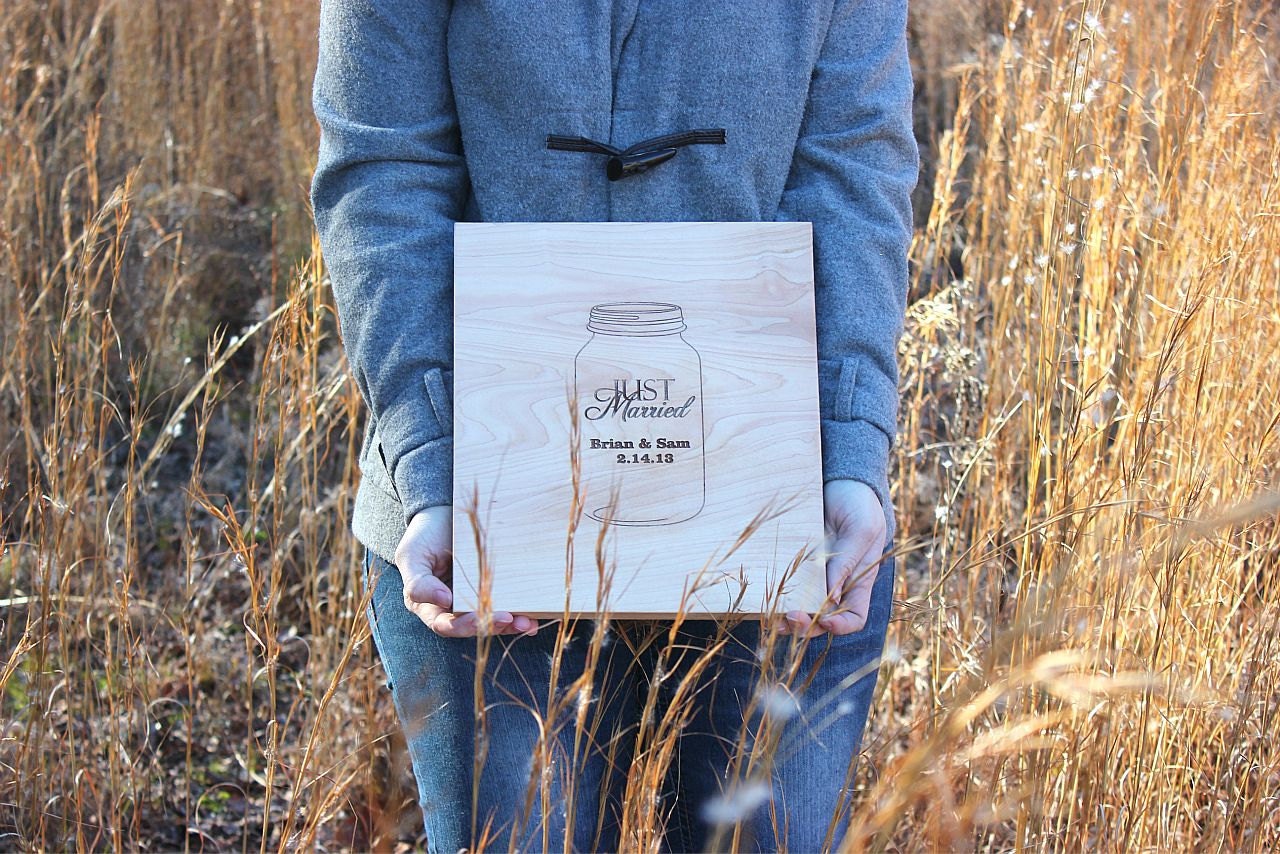 Custom, Personalized Engraved Kitchen Wood Cutting Board - Mason Jar, Just Married with names and Date - Maple Wood - 15" x 9" Il_570xn
