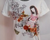 Women's Tee Shirt Custom Fabric Applique and Painting Stamping Design