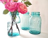 Turquoise Blue Mason Jar, Bell Canning Jars, Vintage Wedding Decor, Cottage Chic Vases, Zinc Lids
