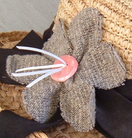 Handmade Fabric Flower Pin with Handmade Ceramic Pink Button