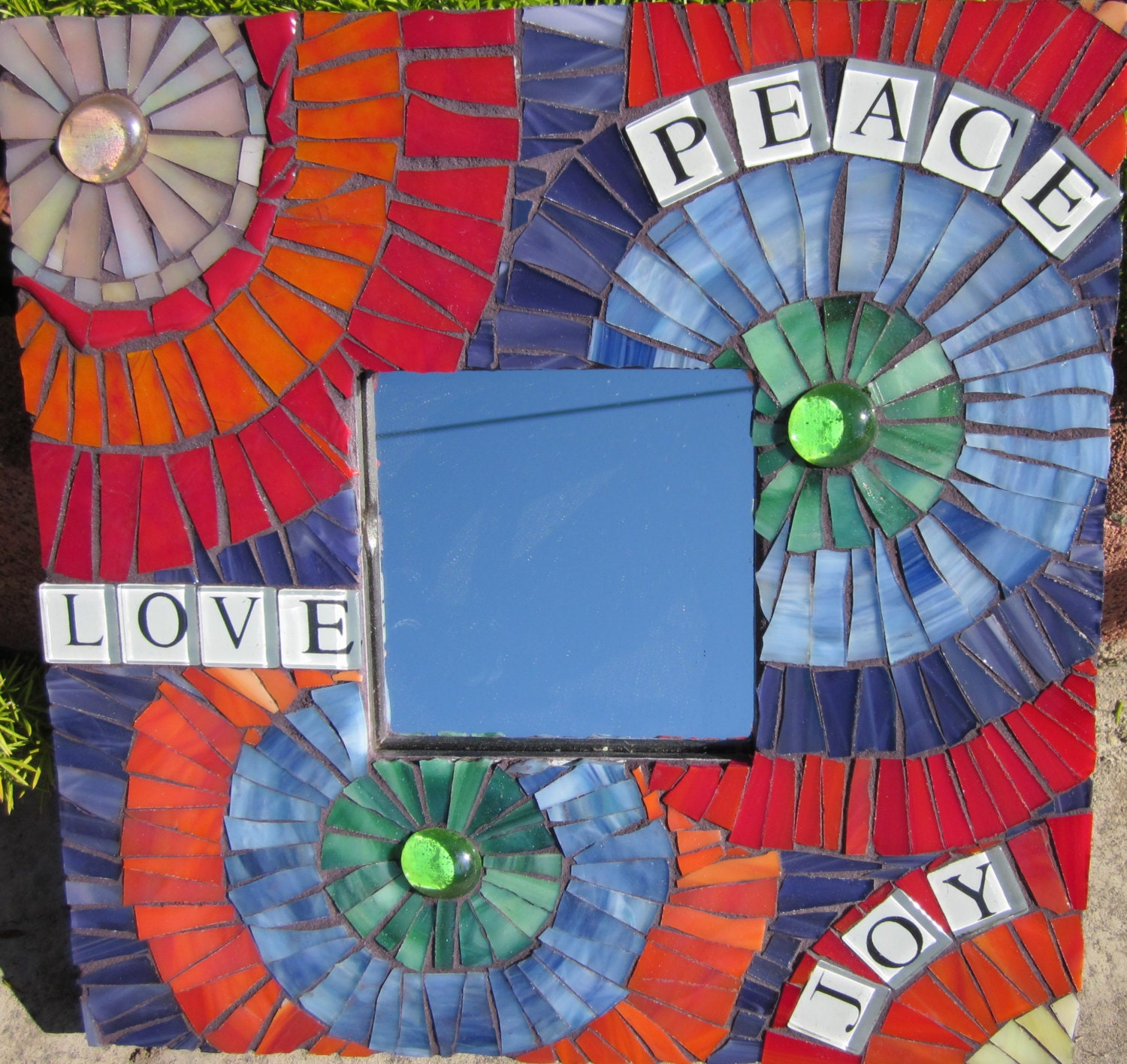 PEACE LOVE JOY Mosaic Mirror . Decorative Marble Glass . Sanded Black Grout . Wood Plaque Hanging . Handmade